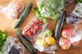 Single use plastic waste issue. fruits and vegetables in plastic bags Royalty Free Stock Photo