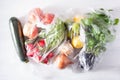 Single use plastic waste issue. fruits and vegetables in plastic bags Royalty Free Stock Photo