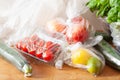 Single use plastic waste issue. fruits and vegetables in plastic bags Royalty Free Stock Photo