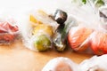 Single use plastic waste issue. fruits and vegetables in plastic bags Royalty Free Stock Photo