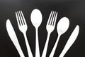 Single use white plastic cutlery on a leather background. Concept: Ban single use plastic Royalty Free Stock Photo