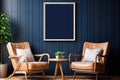 single vertical frame poster art mockup living room with blue wall Royalty Free Stock Photo