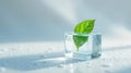 A single vibrant green leaf frozen within a crystal-clear ice cube, resting on a cool, dewy surface reflecting soft light. Royalty Free Stock Photo