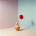 Red gerbera daisy in patterned vase against pastel walls minimal floral still life with soft lighting and vintage aesthetic Royalty Free Stock Photo