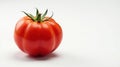 A single, vibrant red tomato with a smooth skin and green stem, isolated on a pristine white background. Generative AI Royalty Free Stock Photo
