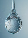 A single water drop is suspended in mid-air blue surface reflecting light and creating a sense of depth Royalty Free Stock Photo