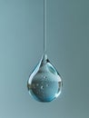 A single water drop is suspended in mid-air blue surface reflecting light and creating a sense of depth Royalty Free Stock Photo