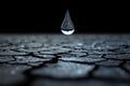 A single water droplet suspended above a cracked, parched surface. Generative AI