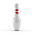 A single white bowling pin with two red stripes standing upright against a plain background Royalty Free Stock Photo