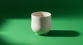 A single white ceramic cup rests on a green surface, casting a distinct shadow. The cu Royalty Free Stock Photo