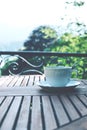 White ceramic cup of tea on a saucer on wooden table against picturesque background. Royalty Free Stock Photo