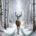 Single White-tail Deer Buck Wilderness Wintertime Birch Trees Snowy Pathway Forest Canada AI Generated