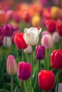 Single white tulip standing out in a colorful tulip field