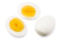 Single whole boiled egg with halved egg isolated on a white background. Top view Royalty Free Stock Photo