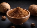 Single Whole Nutmeg Seed with Attached Mace Aril on Rustic Wooden Surface Royalty Free Stock Photo