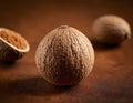 Single Whole Nutmeg Seed with Attached Mace Aril on Rustic Wooden Surface Royalty Free Stock Photo