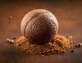 Single Whole Nutmeg Seed with Attached Mace Aril on Rustic Wooden Surface Royalty Free Stock Photo