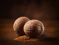 Single Whole Nutmeg Seed with Attached Mace Aril on Rustic Wooden Surface Royalty Free Stock Photo