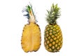 A single whole pineapple and  cut in half isolated on white background.Ananas comosus is a tropical plant with an edible fruit Royalty Free Stock Photo