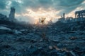 A single wilted flower grows from the cracked earth, surrounded by devastated structures and remnants of a nuclear Royalty Free Stock Photo