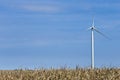 Single wind turbine against blue sky