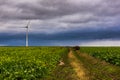 Single Wind turbine in green field against dramatic cloudy sky, France Royalty Free Stock Photo