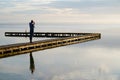 Single woman standing on wooden pier pontoon access boat in Biscarrosse lake sunrise Royalty Free Stock Photo