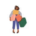 Single woman tourist character holding heavy suitcases, too much baggage for travel concept