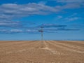 A single wooden electricity transmission pole in a field of crop stubble with power lines left and right.