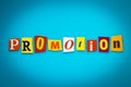 Single word - promotion from cut colorful letters on blue background. Headline. A word writing text on banner, card. Inscription,