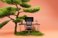 single workspace with pc, desk and chair under single jungle tree and smart spot of grass on infinite orange background green