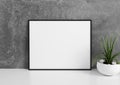 Single 8x10 Horizontal Pink Frame mockup with green plant in vase on white shelf and concrete wall behind it Royalty Free Stock Photo