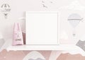 Single 10x10 Square White Frame mockup for nursery or kids room on white shelf and pink wallpaper wall