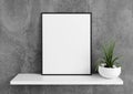 Single 8x10 Vertical Pink Frame mockup with green plant in vase on white shelf and concrete wall behind it Royalty Free Stock Photo