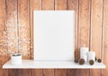 Single 8x10 Vertical White Frame mockup with christmas decorations on white shelf and rustic wooden wall Royalty Free Stock Photo