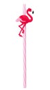 Single yellow drinking cocktail  straw decorated with pink flamingo isolated on white background Royalty Free Stock Photo