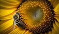 A single yellow flower buzzes with busy honey bees generated by AI
