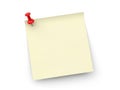 Single yellow post it note with red pushpin isolated on white background Royalty Free Stock Photo