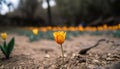 a single yellow tulip in the middle of a field of yellow tulips in the distance, with a blurry background of other tulips in the Royalty Free Stock Photo