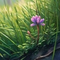 Singled out purple flower, with stem, leaves.