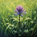 Singled out purple flower, with stem, leaves.