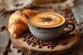 Singleorigin coffee and a croissant on a wooden table Royalty Free Stock Photo