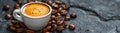 Singleorigin coffee cup on table surrounded by beans Royalty Free Stock Photo