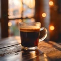 Singleorigin coffee cup on wooden table by window Royalty Free Stock Photo