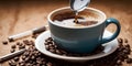 Liquid coffee poured into a saucer with beans, from a coffee cup on tableware