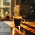 Steamy cup of singleorigin Java coffee on wooden table Royalty Free Stock Photo