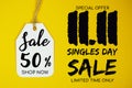 11.11 Singles Day Sale 50% off with price tag on yellow background Royalty Free Stock Photo