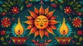 A Sinhala New Year greeting card featuring traditional motifs such as the sun, representing the dawn of a new year, and