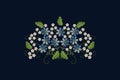 Pattern for embroidery bouquet of violets with white flowers on twigs with leaves on a dark blue background