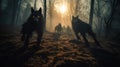 Sinister black wolves with glowing eyes running through the misty forest at sunset. Aggressive wild animals. Generative AI